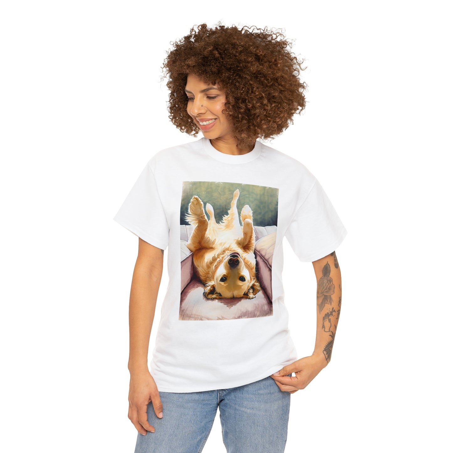 Golden Comfort: Adorable Lounge Heavy Cotton Tee for Dog Lovers